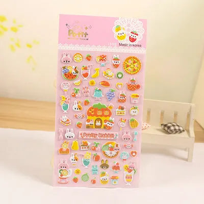 Cartoon three-dimensional bubble stickers sheet showing alpaca, forest animals, and dinosaur designs for hand account decoration