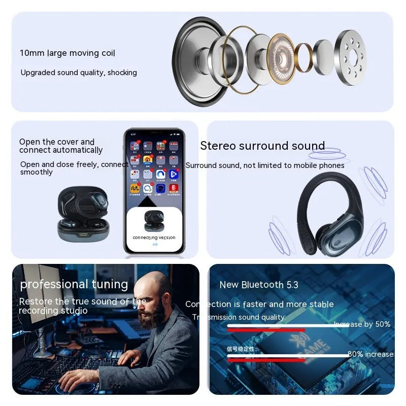 Smart digital display wireless ear-hook sports headphones with noise reduction in Black, Rose Gold, and Skin Colour