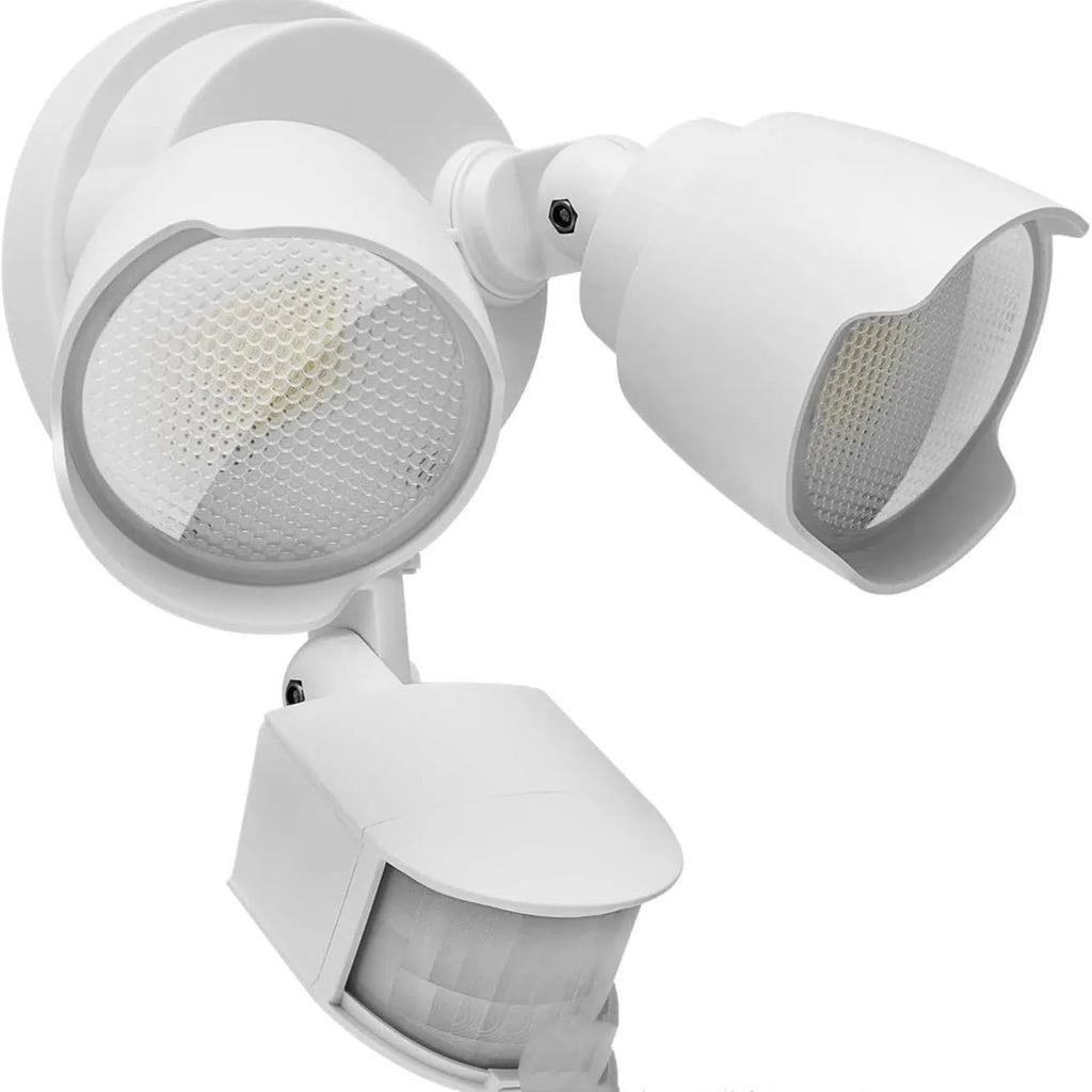 White or black LED security flood light with motion sensor for outdoor courtyard or garage use