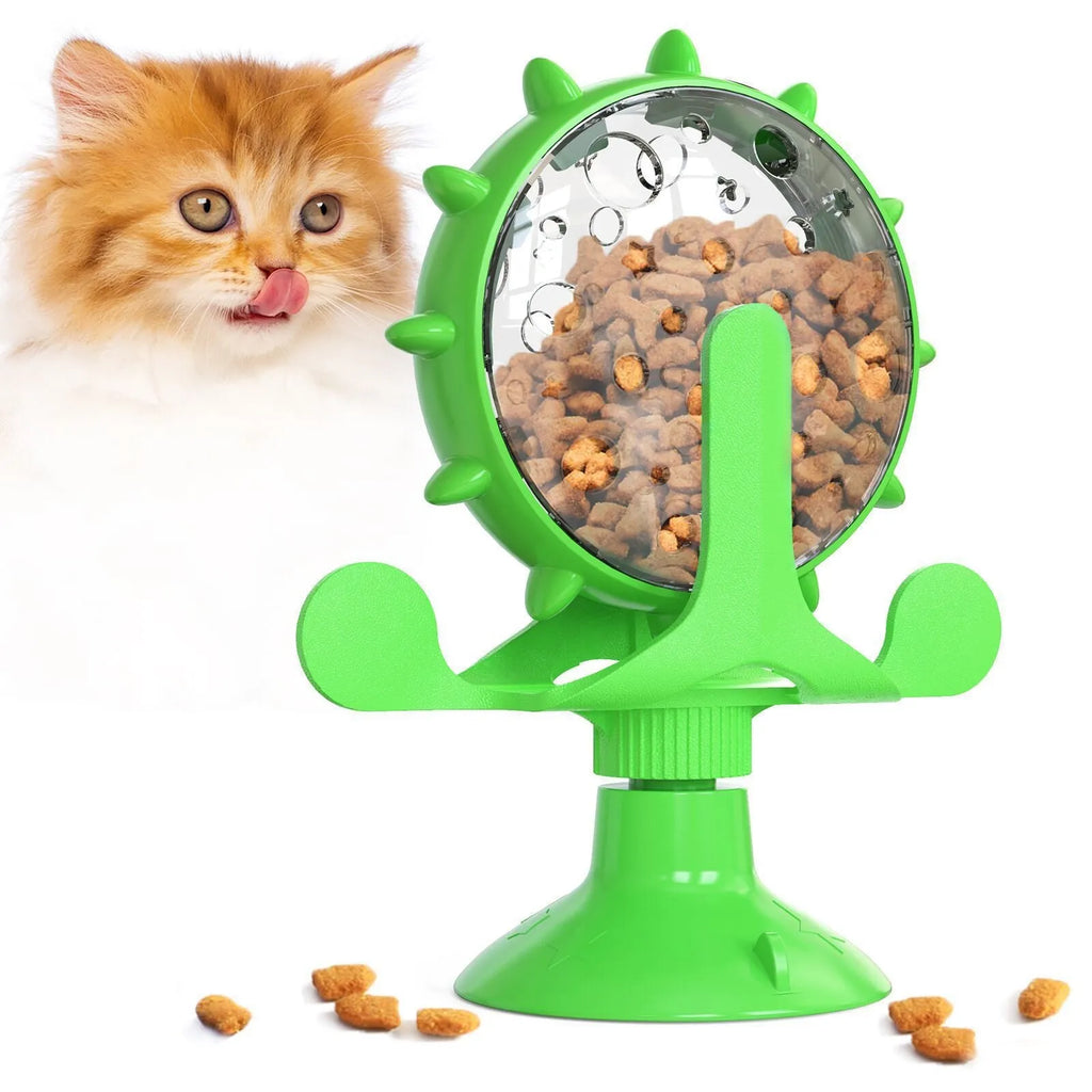 Interactive pet puzzle feeder toy with rotating food dispenser and sucker base in multiple colours