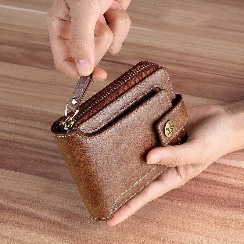 Men's short style two-fold wallet in PU leather showing light brown, black, and dark brown colour options