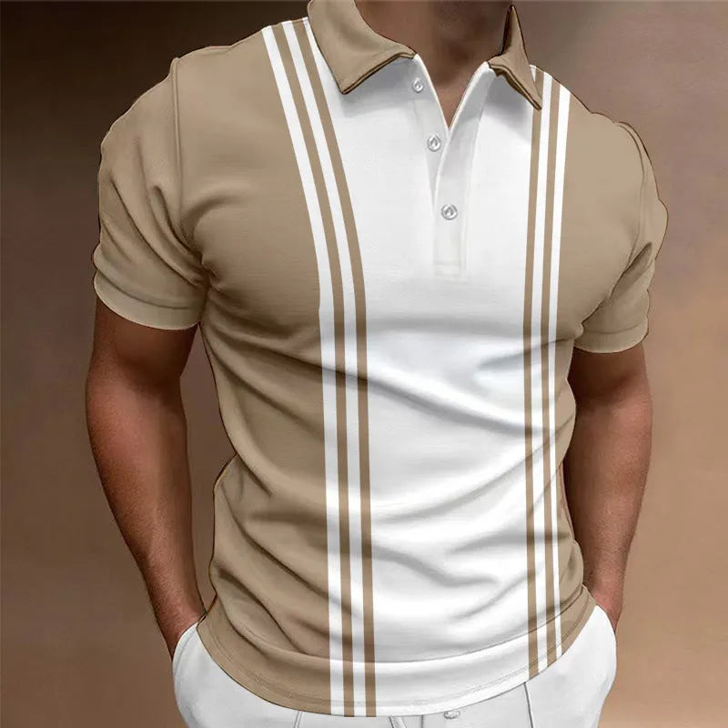 Men's loose-fit casual T-shirt with a printed three-button lapel on the front.