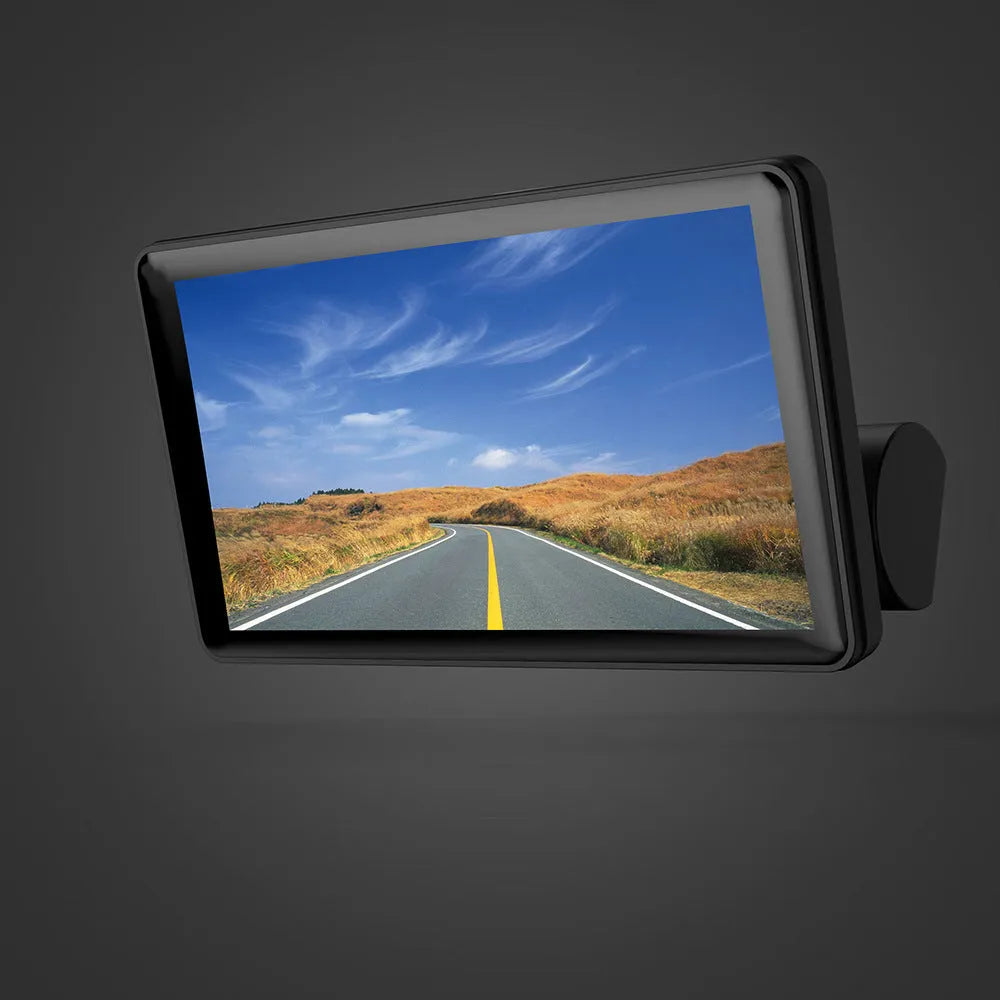Black car dashcam with 4-inch touchscreen display showing dual camera view, mounted on a car windscreen.