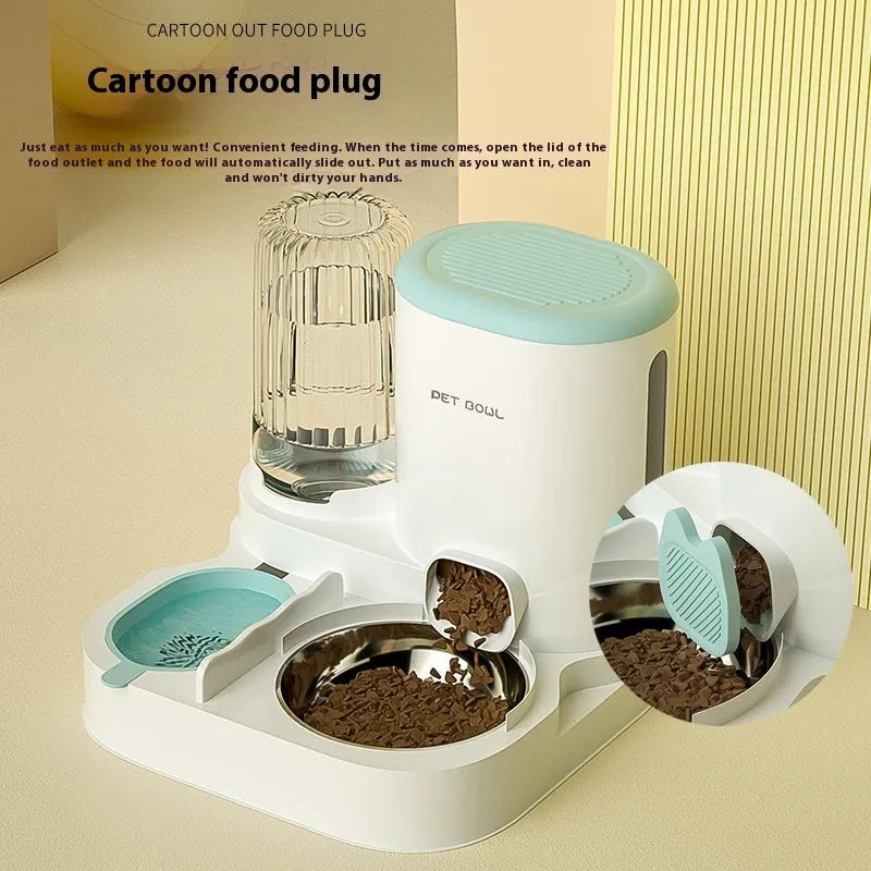 Automatic cat feeding and drinking fountain with stainless steel bowls in compact 27cm design
