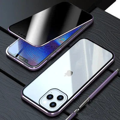 Magnetic privacy glass iPhone case with anti-spy tempered glass screen and metal frame