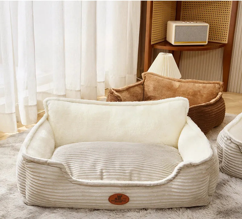 Removable cover pet bed in sofa style for small and medium dogs, shown in coffee colour