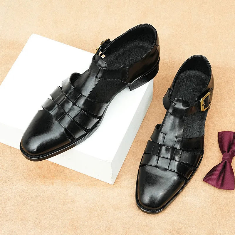 Men's black genuine leather retro sandals with open design and rubber sole.