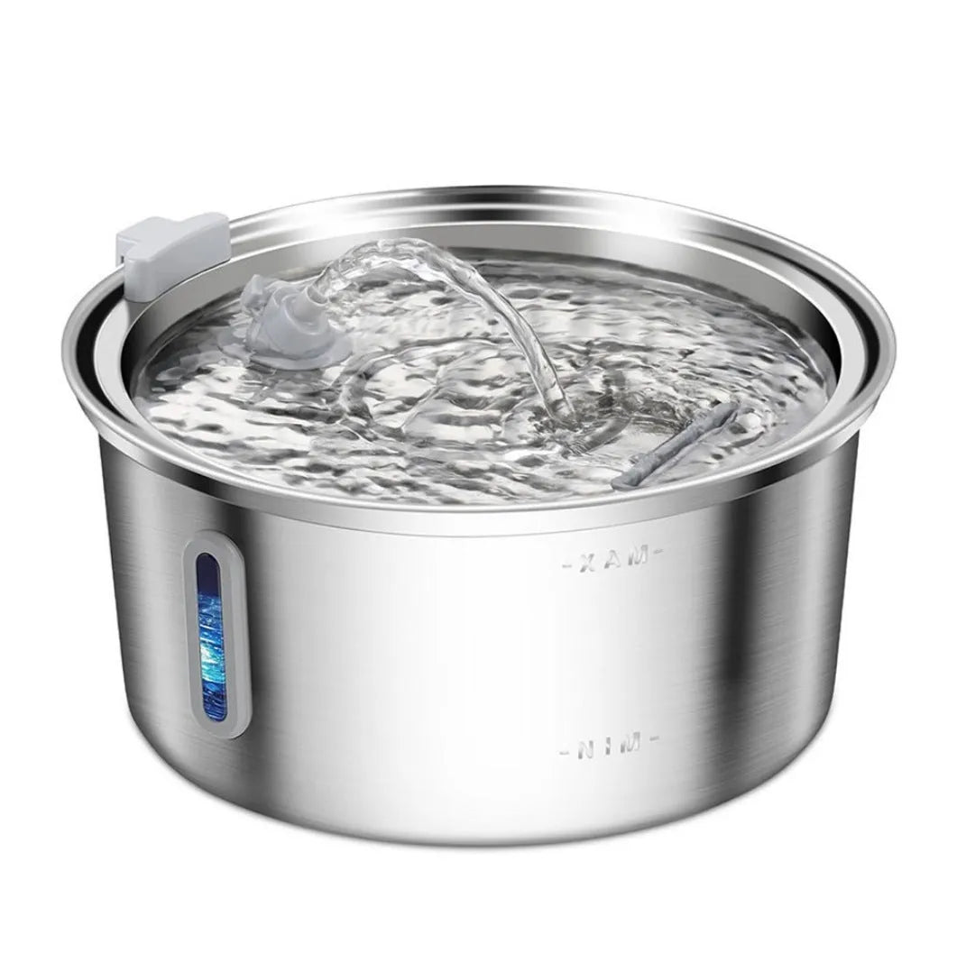 Stainless steel pet water dispenser with large 4-litre tank and selectable water outlet design