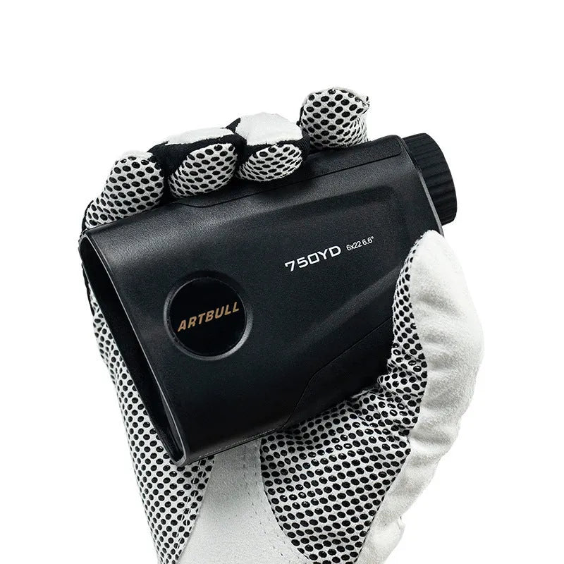 Golf laser rangefinder with LCD display showing distance measurement and slope adjustment