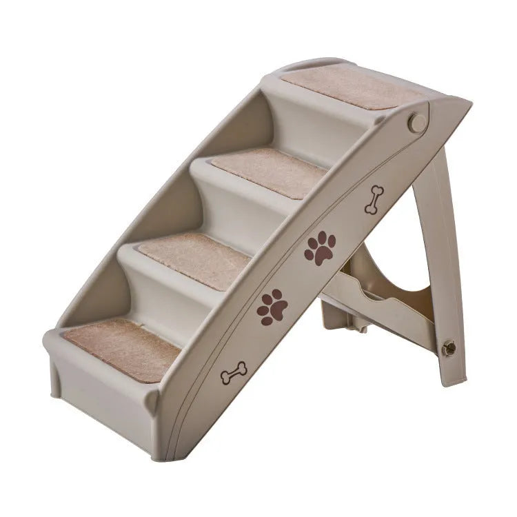 Foldable plastic step ladder for small pets on a home floor next to a sofa.