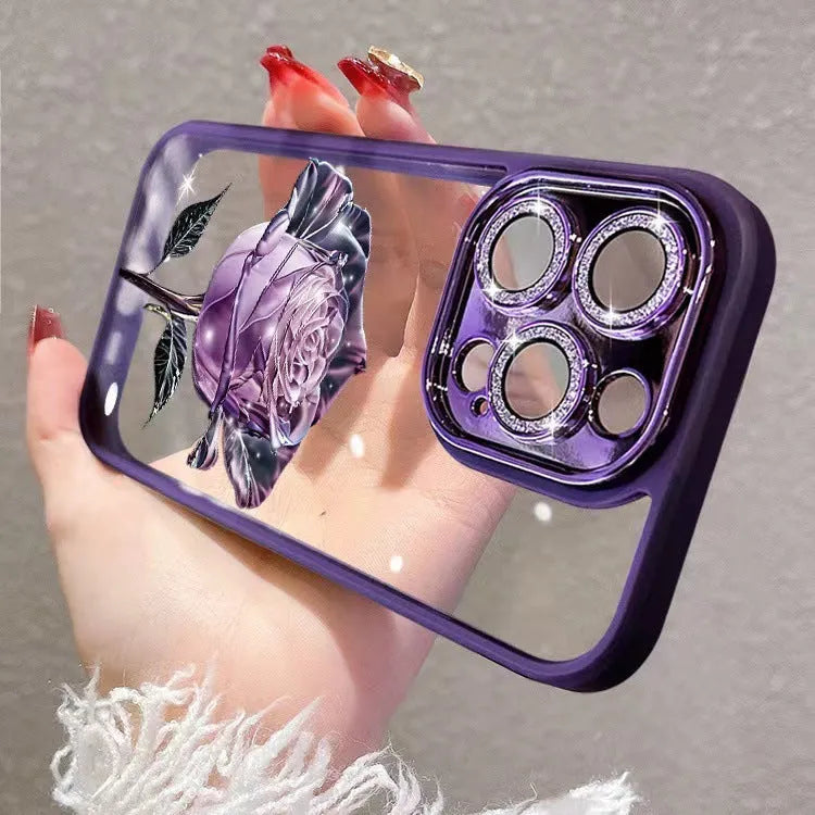 Dark purple TPU iPhone case with fairy rose pattern and integrated sparkling pink camera lens protector film