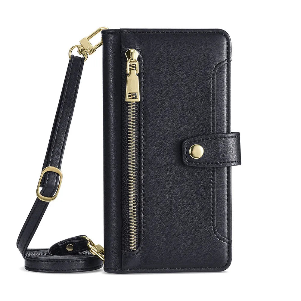 Flip cross-body lanyard phone case with card slot bracket magnetic suction for iPhone Samsung Huawei in black colour