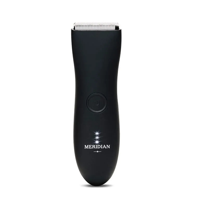 Waterproof cordless electric body hair trimmer in black with polycarbonate shell and two comb attachments