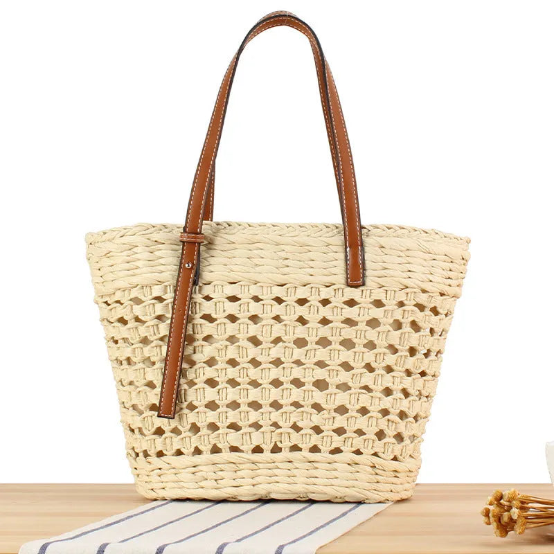 Paper-string woven shoulder bag with file storage compartment and adjustable strap in beige colour