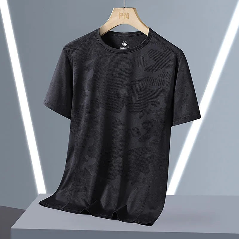 Men's camouflage pattern short sleeve t-shirt in plus sizes on a hanger.