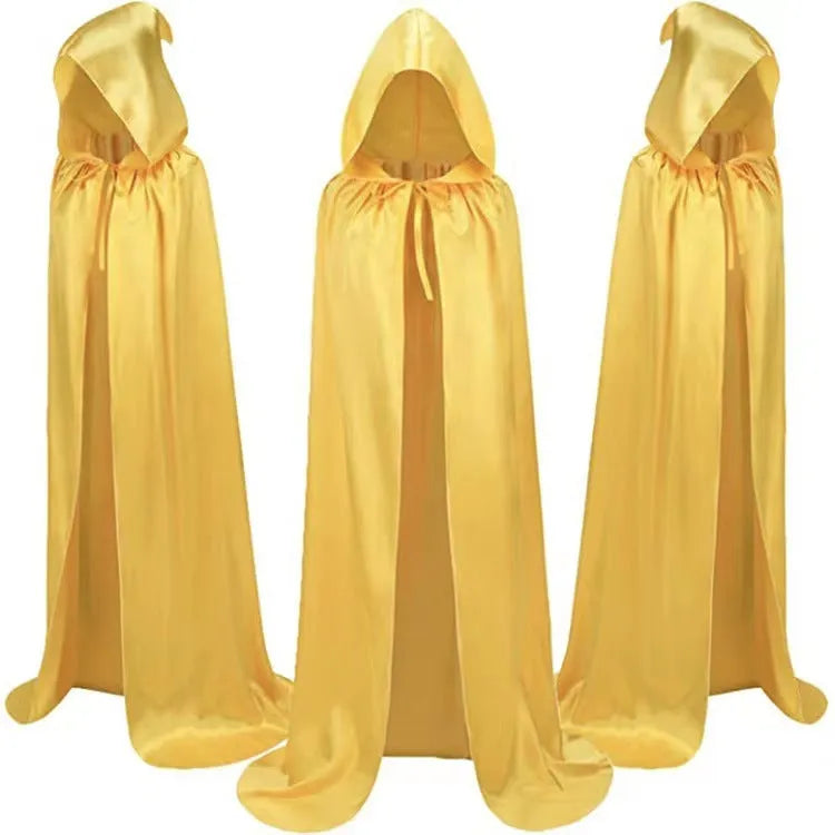 Black satin Halloween cloak with hood for costume parties
