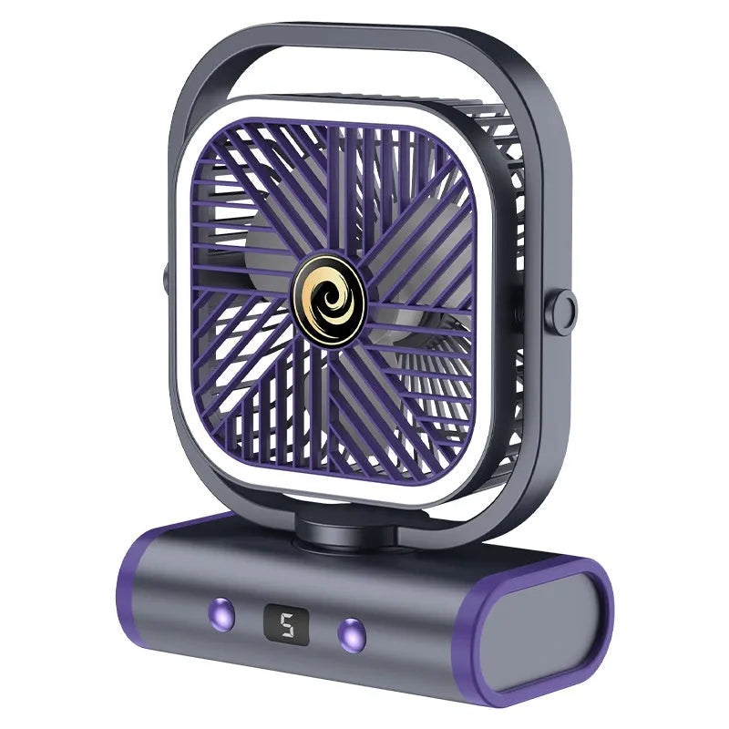 Rechargeable shaking head desktop fan in greyish purple with USB charging, brushless motor, 240x180x96mm