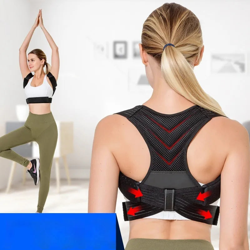 Anti-humpback correction belt in black polyester-nylon for posture support with open shoulders and high chest