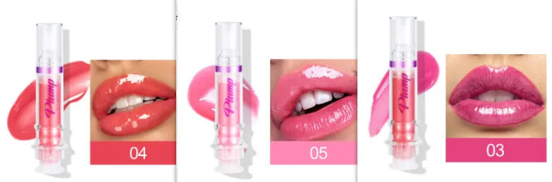 Tube of lip gloss showing shiny finish, available in six different colour shades.