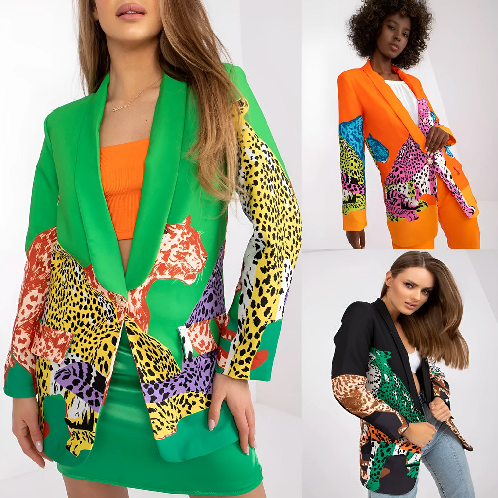 Leopard print slim fit long jacket for women with contrast colour and side pockets