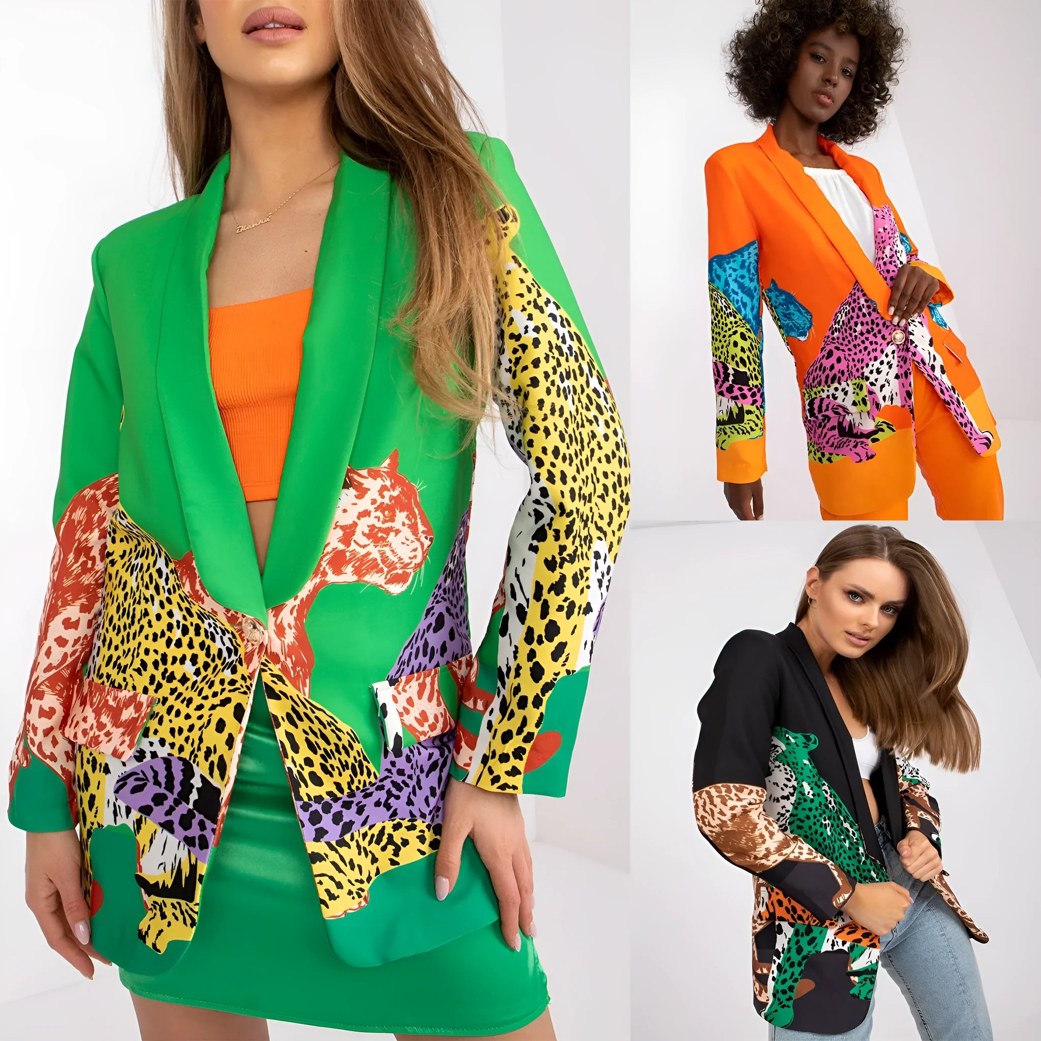 Leopard print slim fit long jacket for women with contrast colour and side pockets