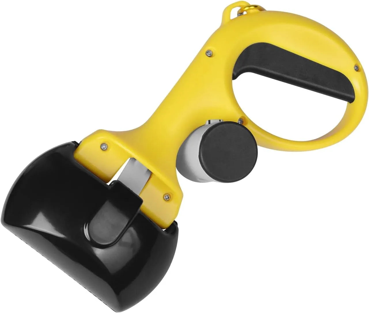 Blue pet pooper scooper with integrated trash bag holder and top carry hook.