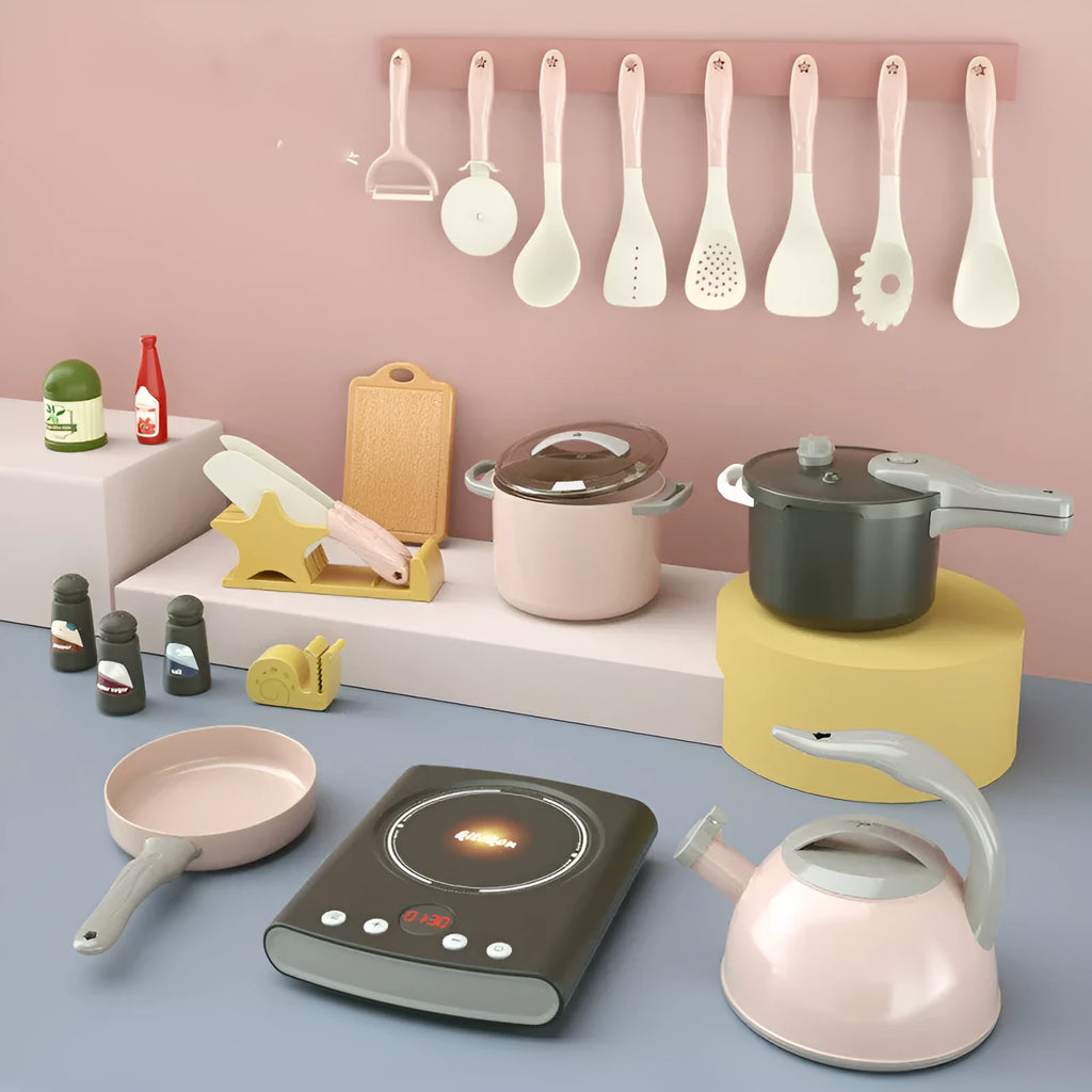 31-piece simulation induction cooker kitchen toy set in red, with plastic cookware items on a play table
