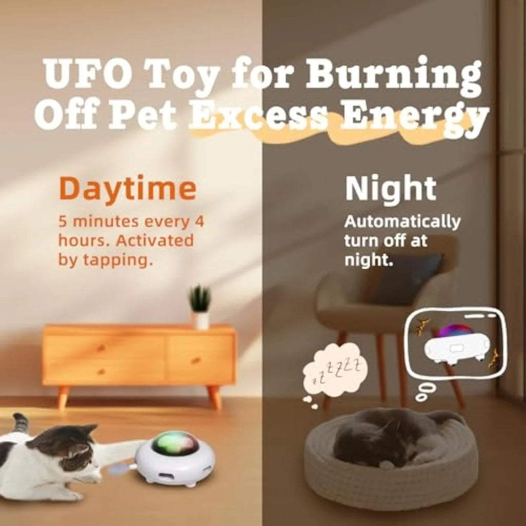 White UFO-shaped automatic cat toy with feathers, LED lights, and a detachable hair-cleaning ring.