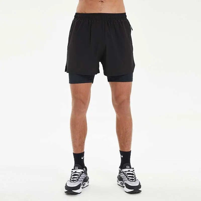 Men's black running shorts with built-in liner and high elastic waistband for summer fitness