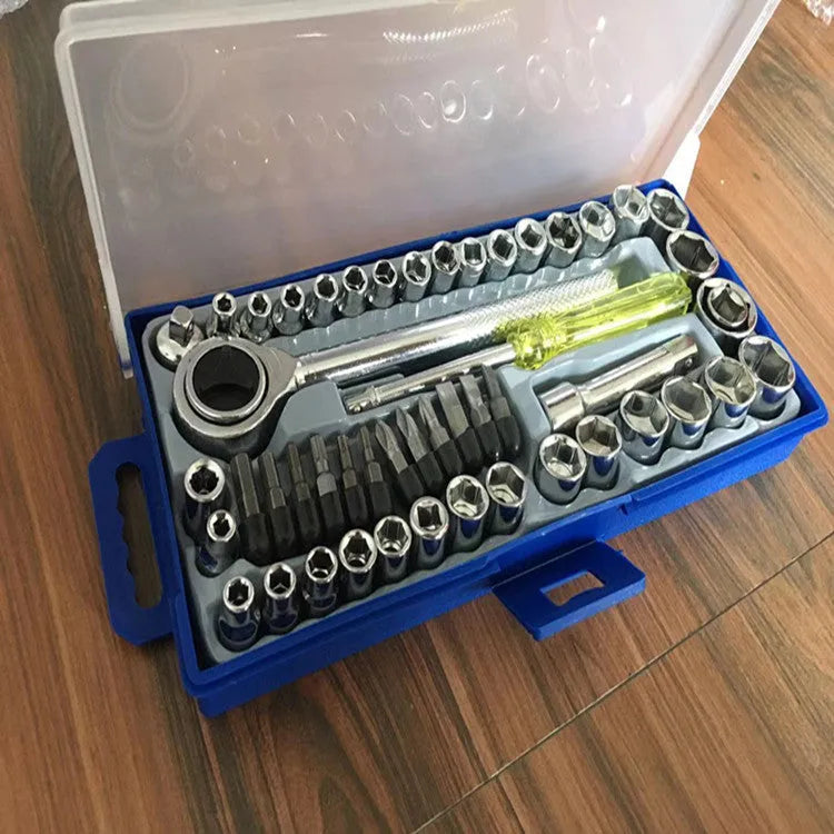 50-piece socket set with metric and imperial sockets, plain carbon steel, mirror finish, includes handle and bits