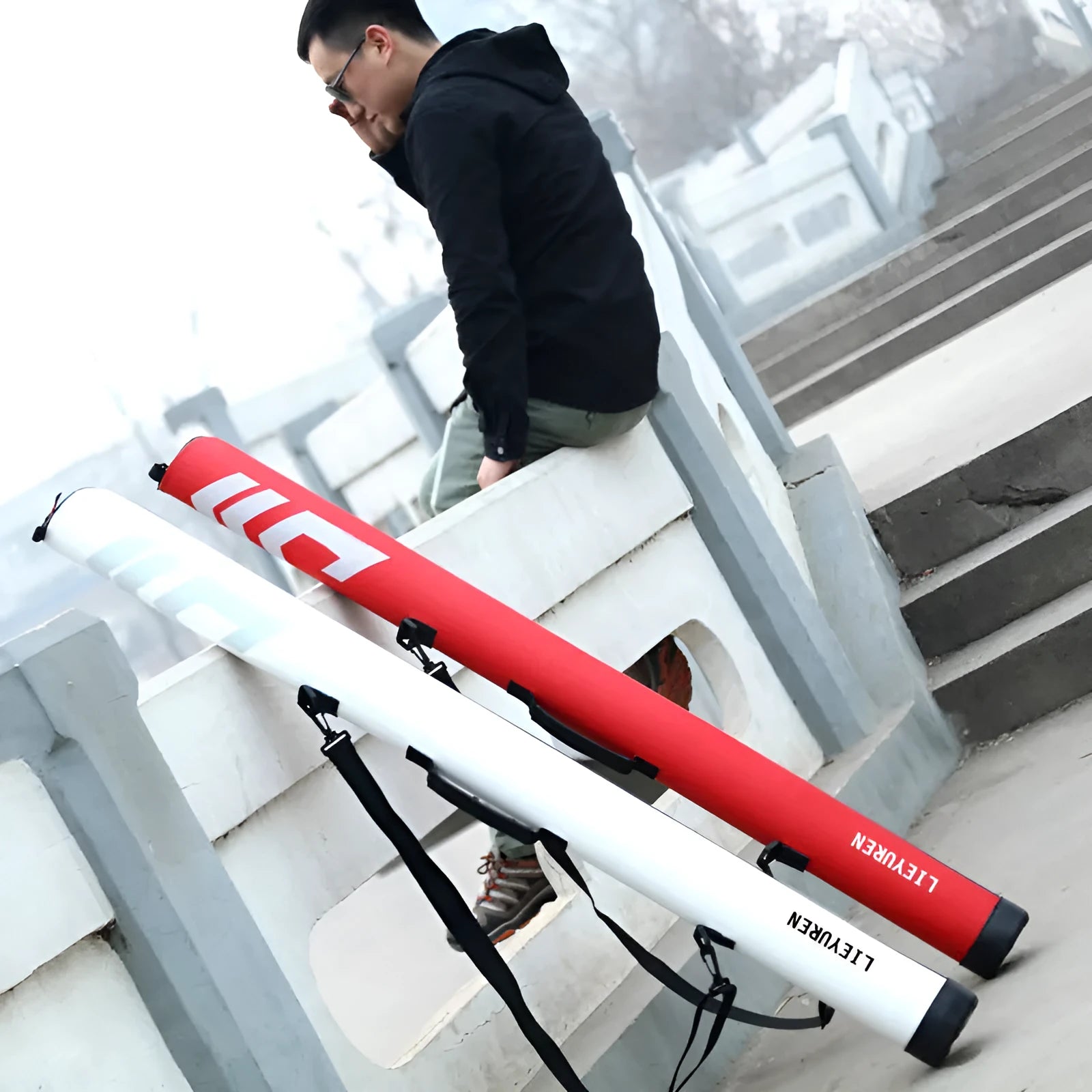 Hard cover lightweight PU fishing rod bag in black, 1.25m long, for rod storage and transport