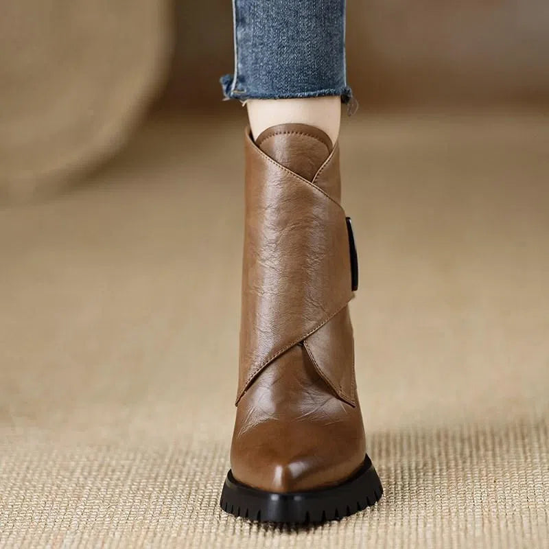 Retro chunky heel ankle boots for women with velvet lining, waterproof platform, and pointed toe in brown colour option
