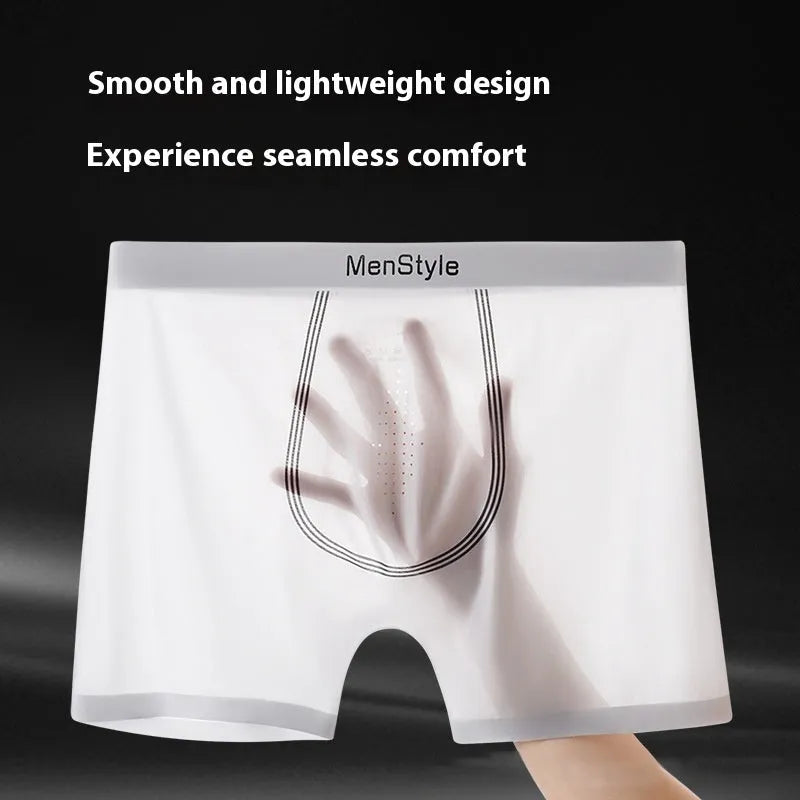 Men's seamless satin ice silk boxer shorts in a mid-waist design shown in bare skin colour.