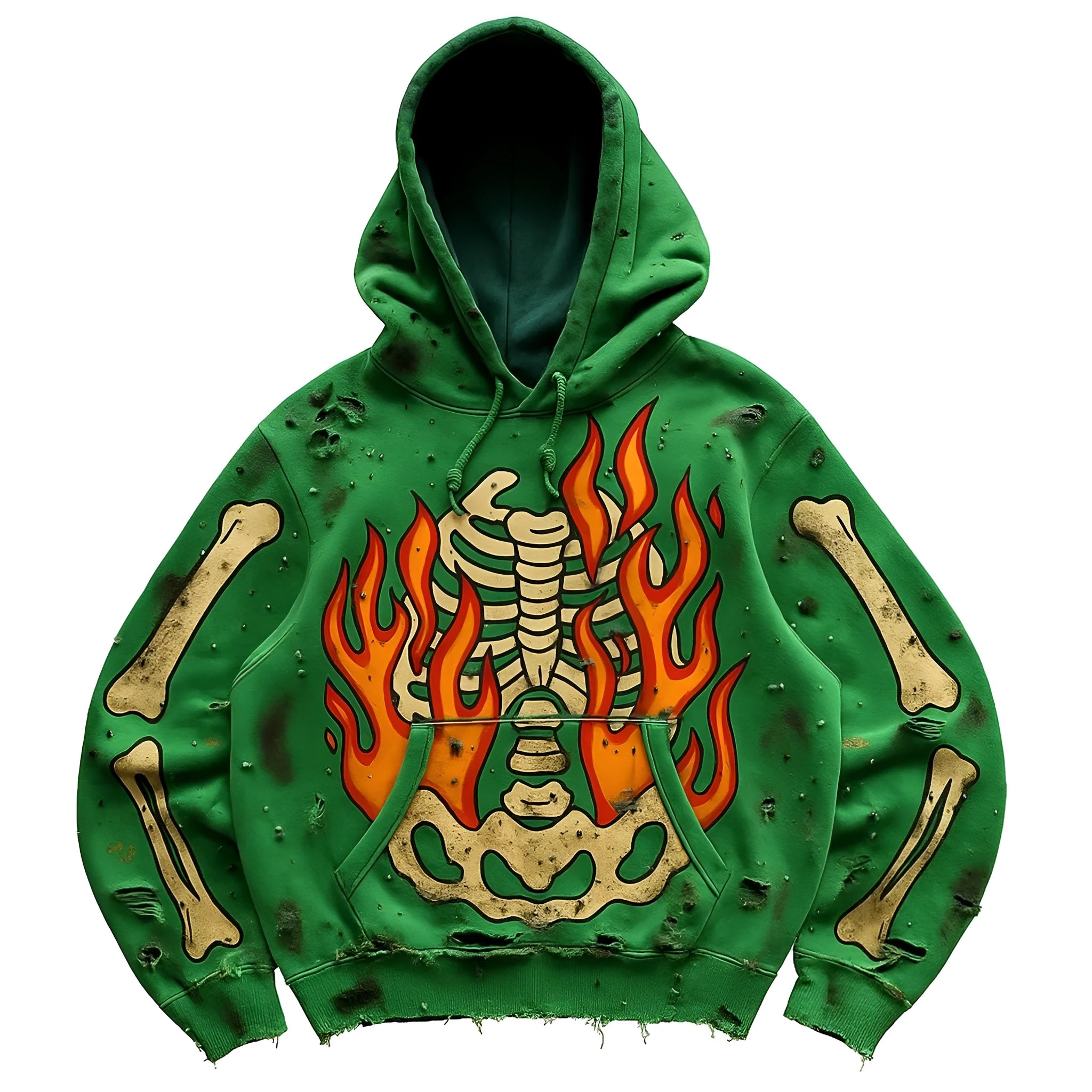 Green printed polyester sweater for women and men, available in sizes XS to 3XL, on a plain background.