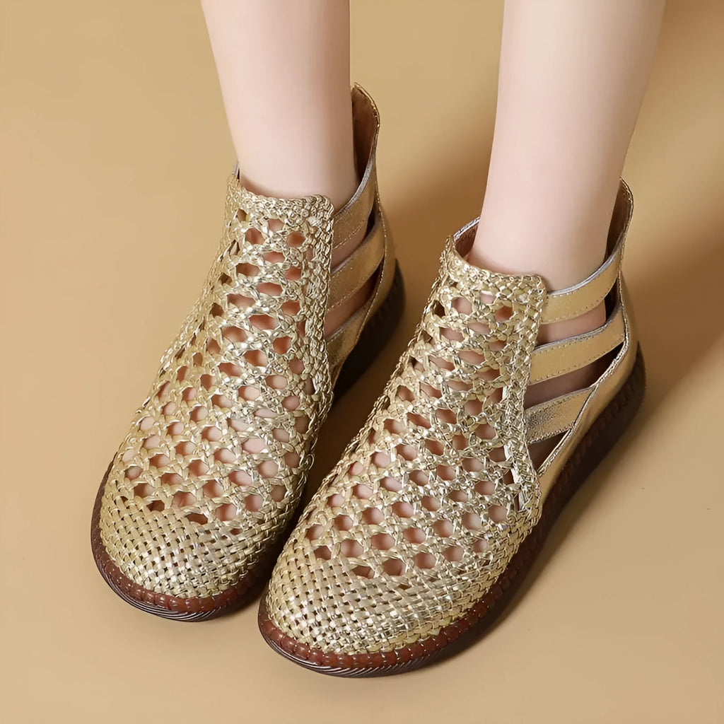 Women's gold and white flat slip-on sandals with round toe and soft TPR soles