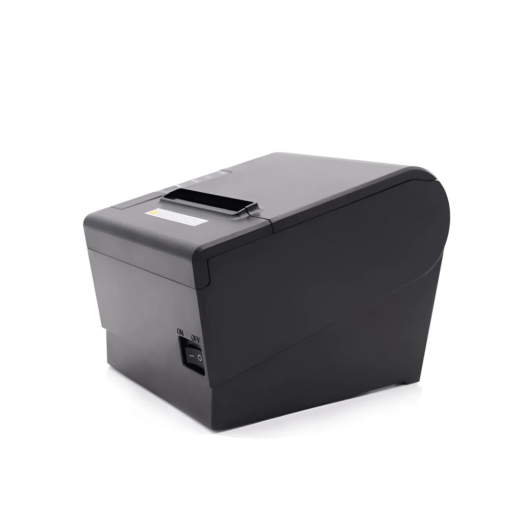 80mm thermal receipt printer with compact 215x205x160mm dimensions showing connectivity ports