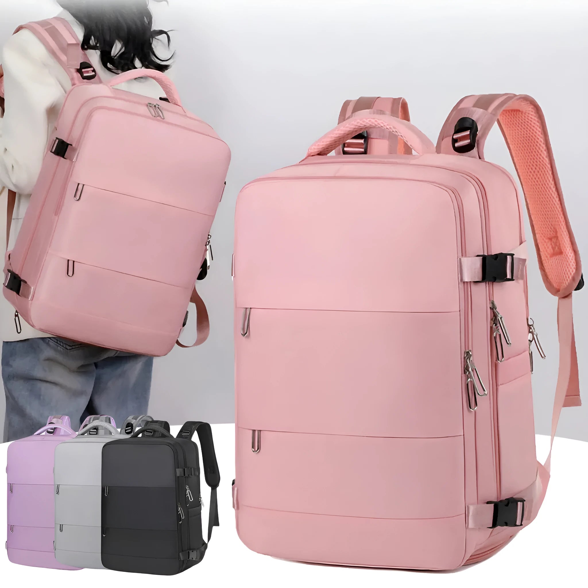 Large grey travel backpack for women with multiple compartments, shown open.