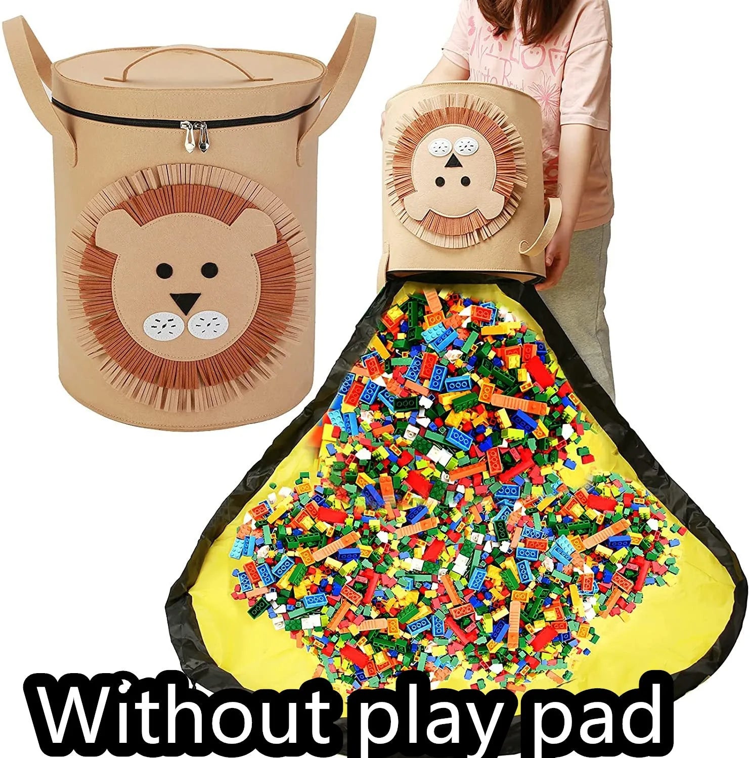 Green felt cube storage bag with pull rope closure shown as toy play mat