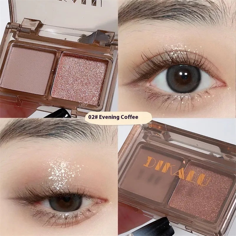 DIKALU two-tone eyeshadow compact showing pink and black shades with matte and shimmer finishes.