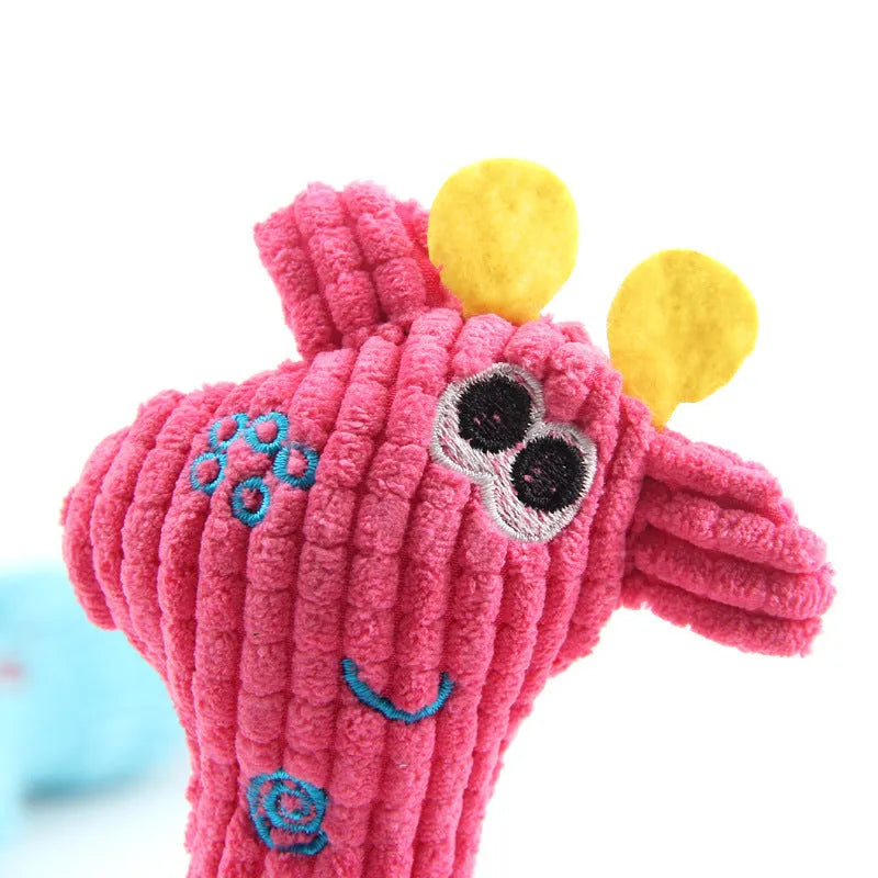 Blue deer-shaped plush dog toy with corn grain texture and squeaker