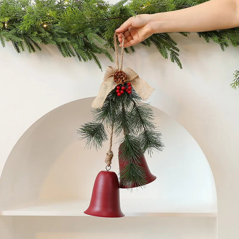 Velvet bow bell small pendant layout prop in red and gold, 50x30x20cm, made of metal, plastic and fabric.