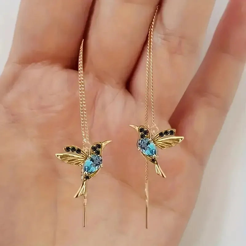 Long drop bird-themed earrings for women with mixed zirconium wings, in red, blue or red lvzuan finish.