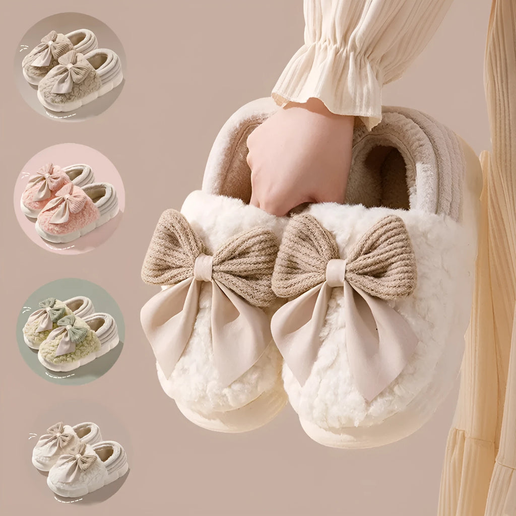 Big bow-knot fluffy slippers with covered heel in pink colour on floor
