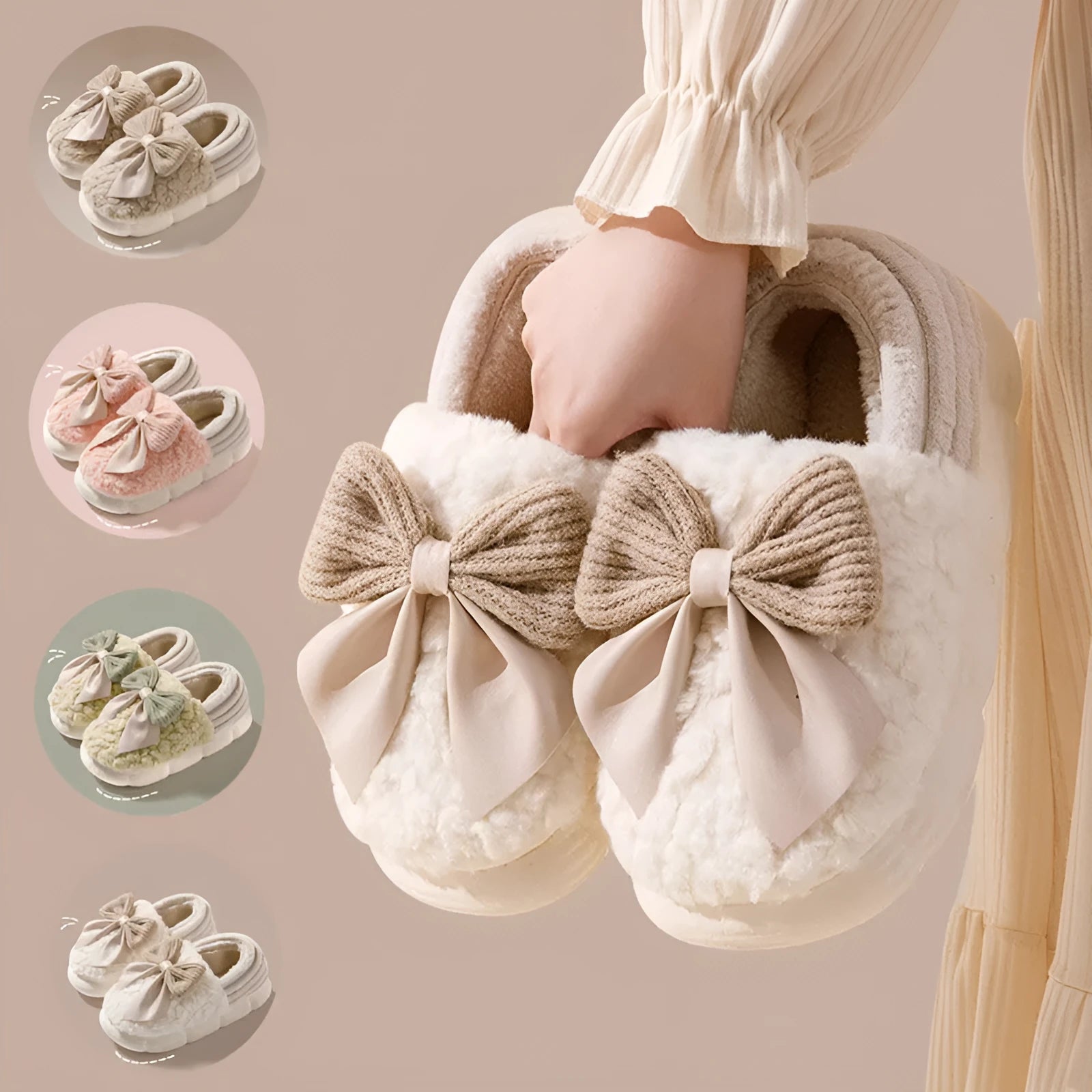 Big bow-knot fluffy slippers with covered heel in pink colour on floor