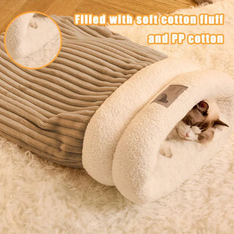 Brown semi-enclosed pet sleeping bag with lambswool warming layer for cats