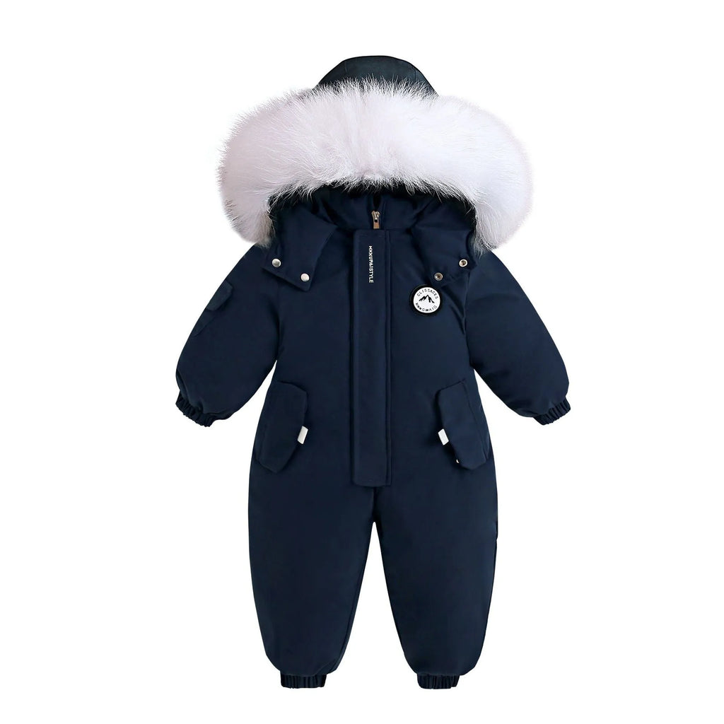 Children's winter ski suit in thickened polyester fibre, long climbing style, available in milky white, navy blue, and pink for sizes 90-120cm
