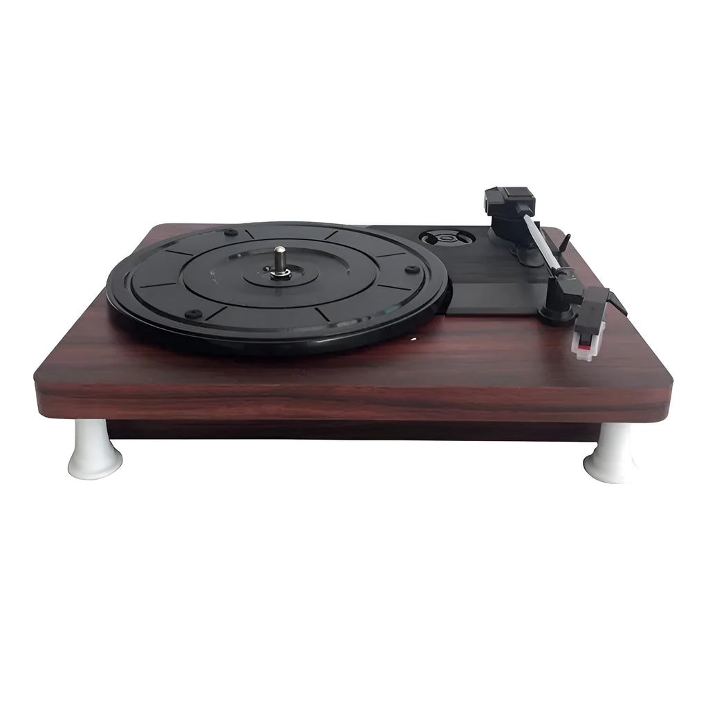 Record player phonograph with compact design, 300x250x100mm, for vinyl playback requiring external amplifier