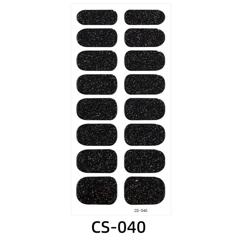 Assorted nail sticker designs including cartoon, love heart, and starry sky patterns on bare clip-on nails with a nail file