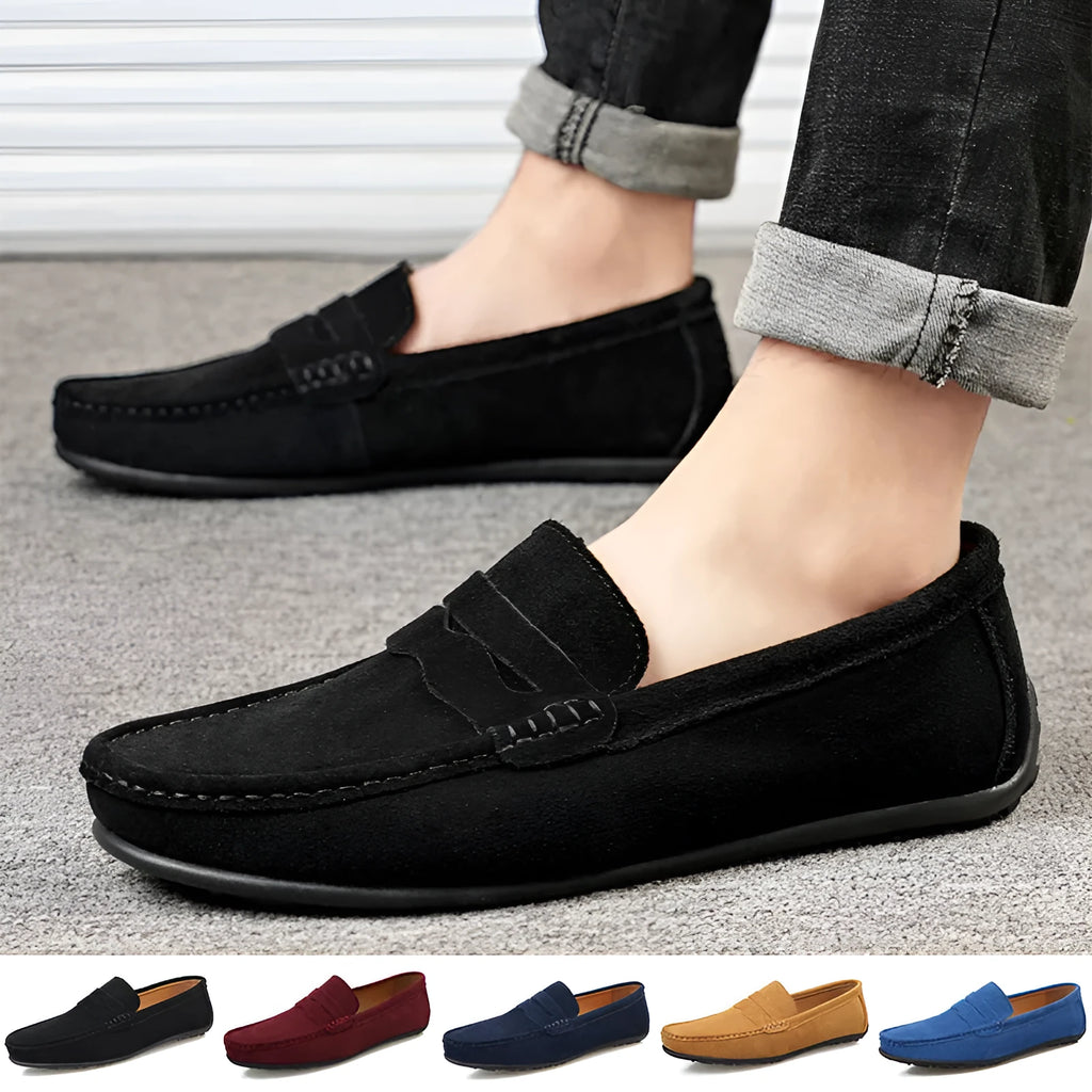 Men's suede slip-on loafers in multiple colours with round toe and rubber sole