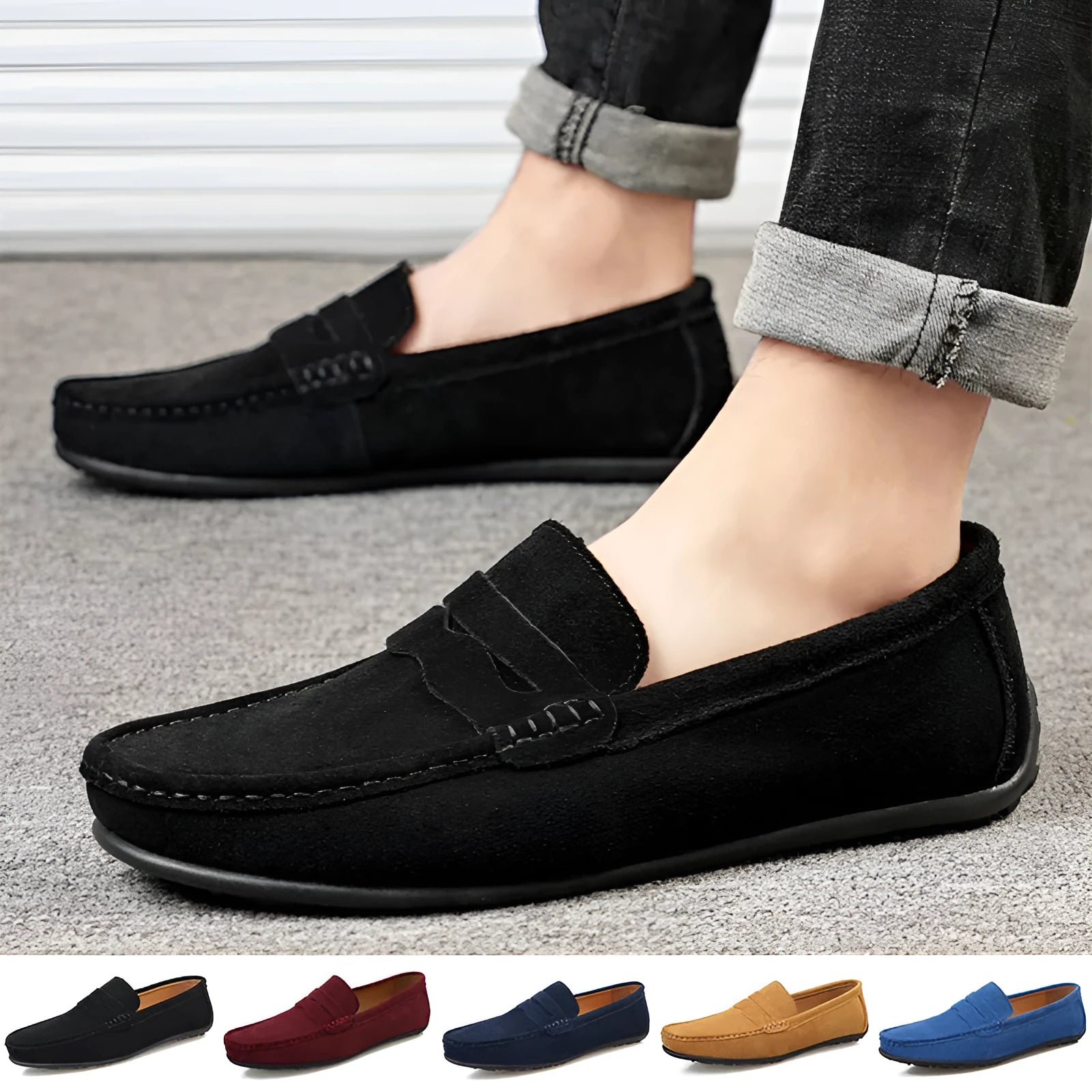 Men's suede slip-on loafers in multiple colours with round toe and rubber sole
